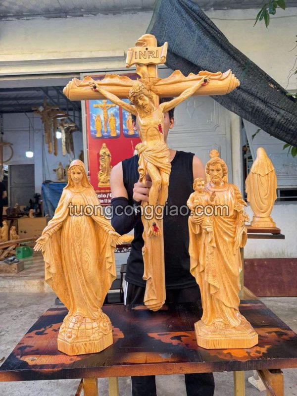 Bộ tượng Đức Mẹ ban ơn, Giuse bế Chúa, tượng chịu nạn cao 50cm gỗ pơ mu
