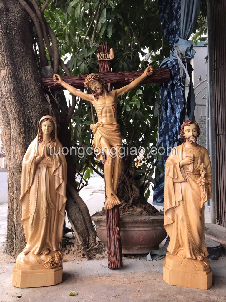 Bộ tượng công giáo Ba Đấng bằng gỗ cao 50cm, thánh giá 85cm