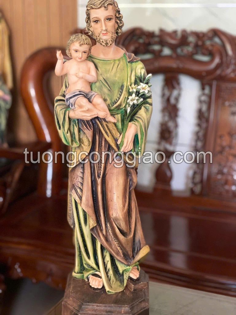 Tượng Thánh Giuse bế Chúa cao 65cm sơn màu giả cổ